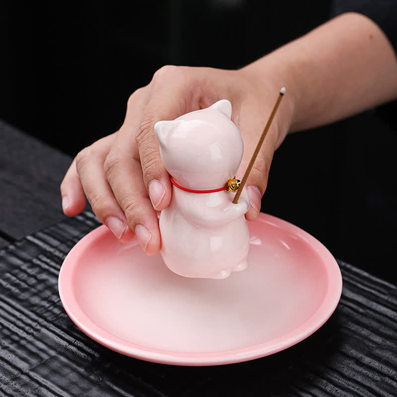 Nimara Ritual Ceramic Kawaii Cat Incense Burner with Ash Catching Tray Without Incense