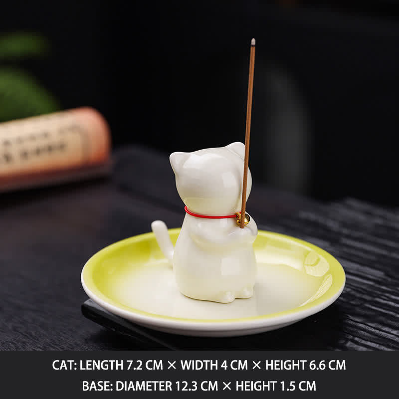 Nimara Ritual Ceramic Kawaii Cat Incense Burner with Ash Catching Tray Without Incense
