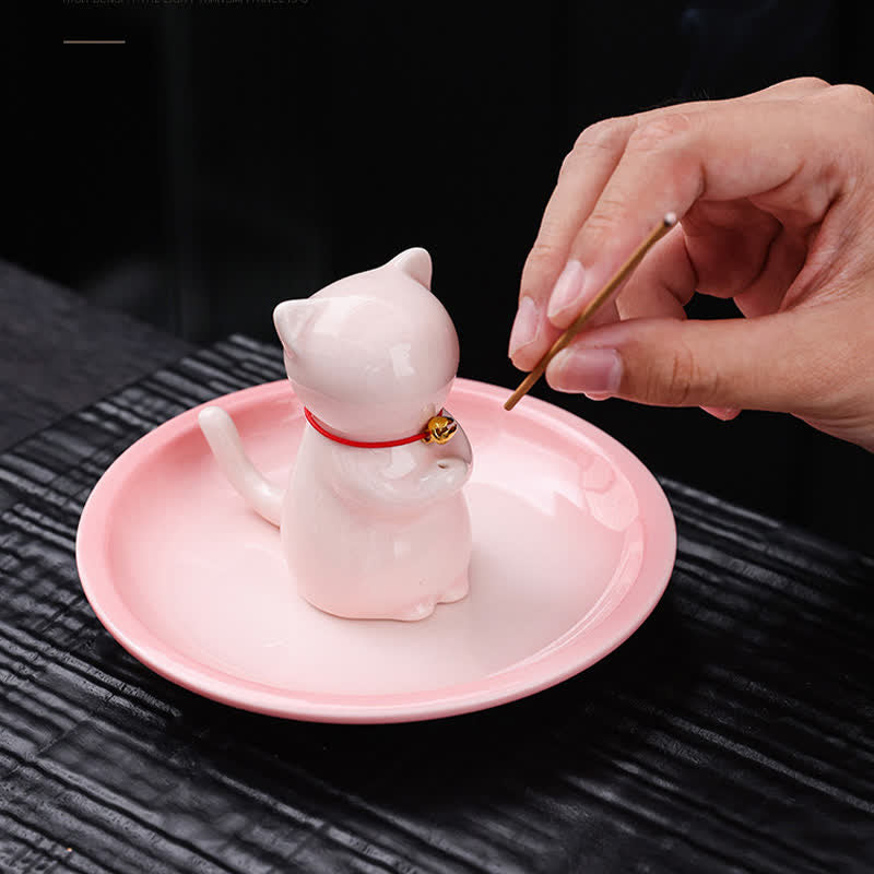 Nimara Ritual Ceramic Kawaii Cat Incense Burner with Ash Catching Tray Without Incense