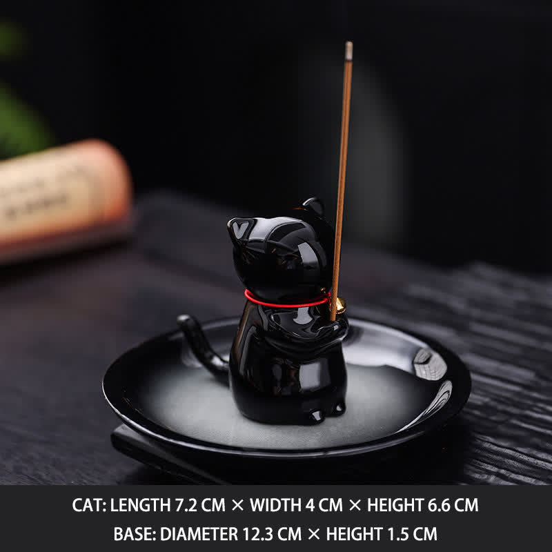 Nimara Ritual Ceramic Kawaii Cat Incense Burner with Ash Catching Tray Without Incense