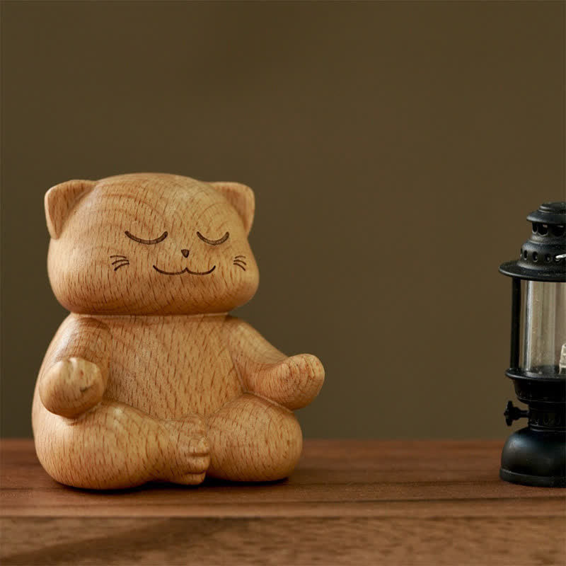 Nimara Ritual Wood Meditating Cat Enlightenment Hand Carved Cute Animal Decor