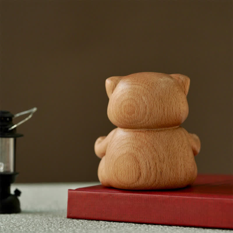 Nimara Ritual Wood Meditating Cat Enlightenment Hand Carved Cute Animal Decor
