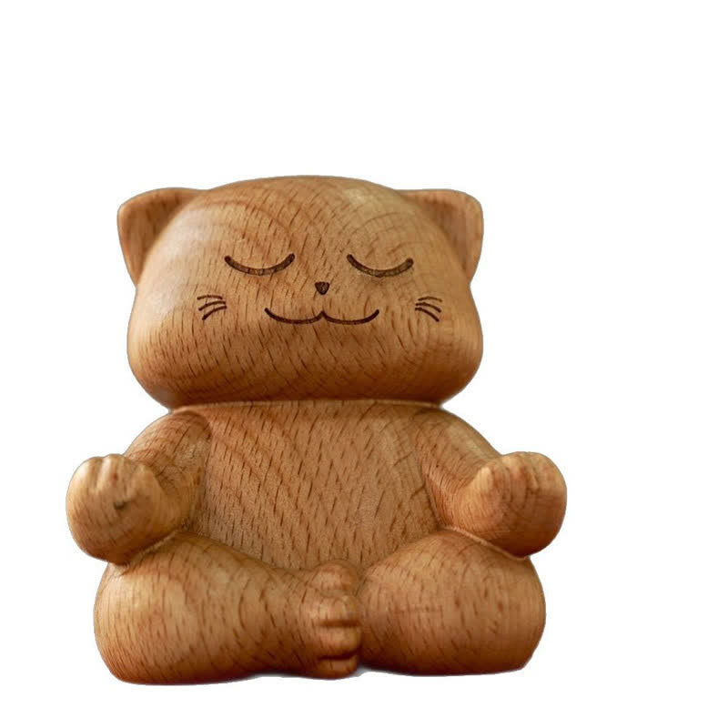 Nimara Ritual Wood Meditating Cat Enlightenment Hand Carved Cute Animal Decor