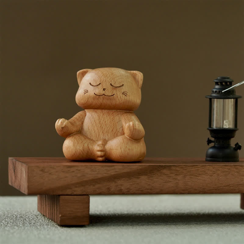 Nimara Ritual Wood Meditating Cat Enlightenment Hand Carved Cute Animal Decor