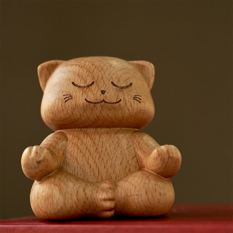 Nimara Ritual Wood Meditating Cat Enlightenment Hand Carved Cute Animal Decor