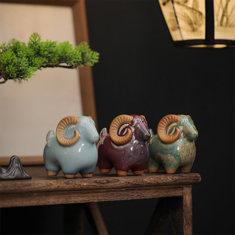 Nimara Ritual Kiln-Change Glaze Ceramic Chinese Zodiac Ram Prosperity Cute Animal Decor