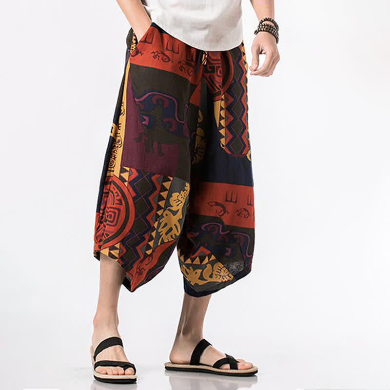 Nimara Ritual Summer Boho Casual Drawstring Floral Cotton Linen Capri Pants Men's Harem Pants With Pocket