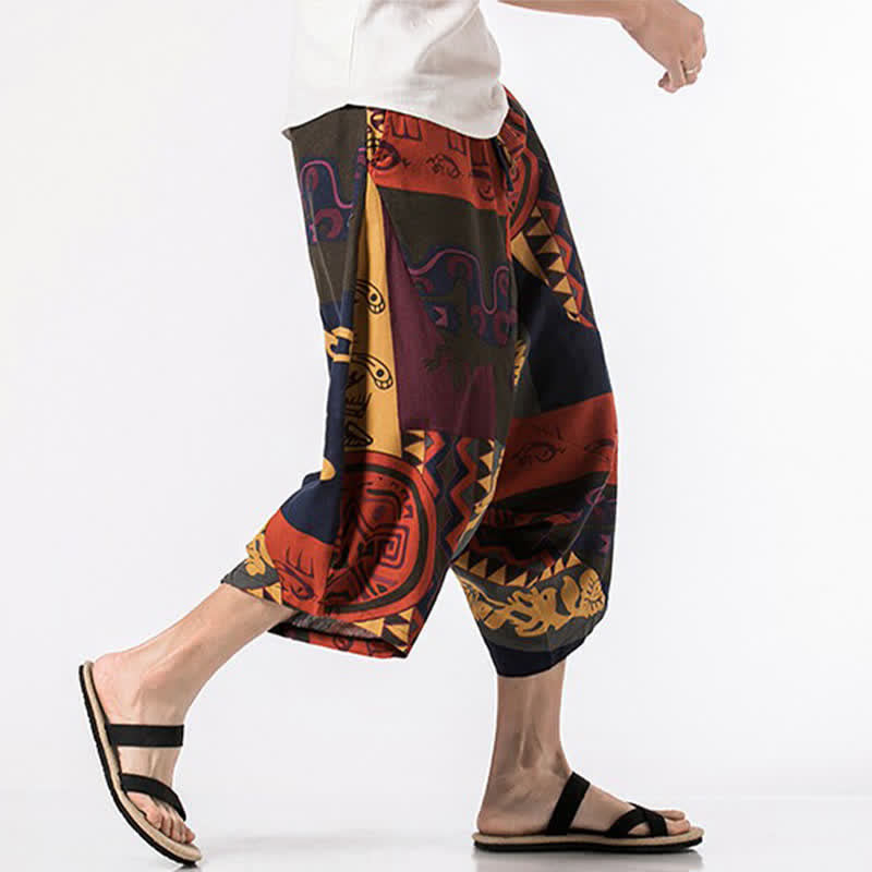 Nimara Ritual Summer Boho Casual Drawstring Floral Cotton Linen Capri Pants Men's Harem Pants With Pocket