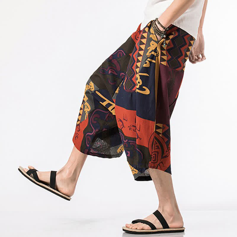 Nimara Ritual Summer Boho Casual Drawstring Floral Cotton Linen Capri Pants Men's Harem Pants With Pocket