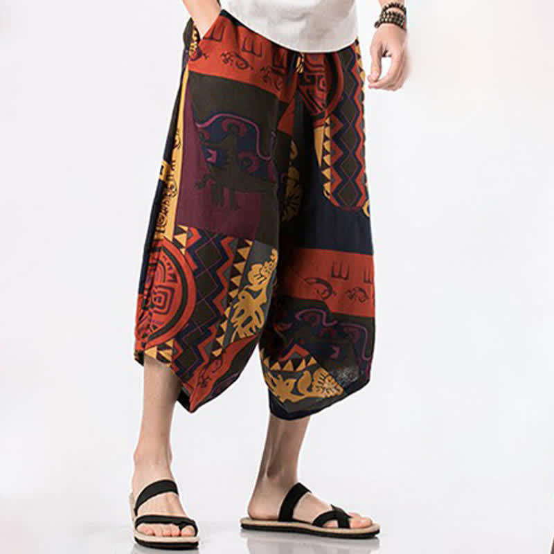Nimara Ritual Summer Boho Casual Drawstring Floral Cotton Linen Capri Pants Men's Harem Pants With Pocket