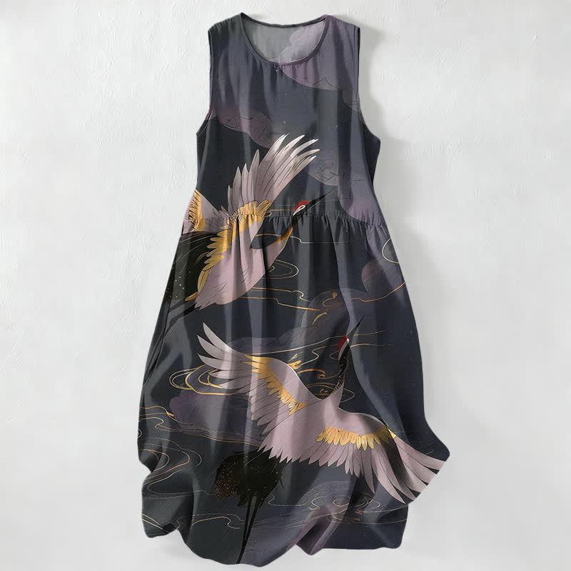 Nimara Ritual Summer Casual Flying Crane Wave Pattern Women's Summer Sleeveless Midi Dress With Pockets