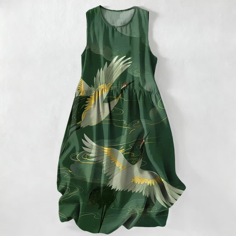 Nimara Ritual Summer Casual Flying Crane Wave Pattern Women's Summer Sleeveless Midi Dress With Pockets