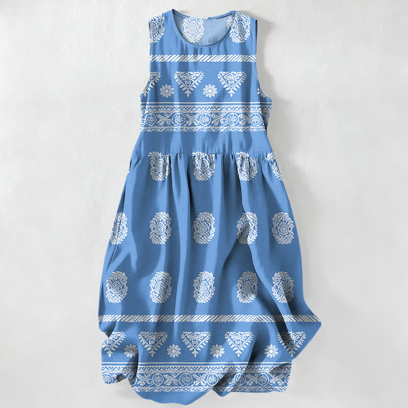 Nimara Ritual Summer Casual Geometric Medallion Stripe Pattern Women's Summer Sleeveless Midi Dress With Pockets