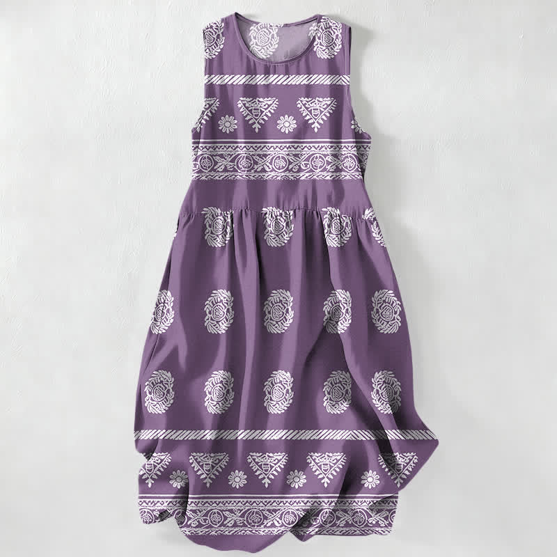 Nimara Ritual Summer Casual Geometric Medallion Stripe Pattern Women's Summer Sleeveless Midi Dress With Pockets