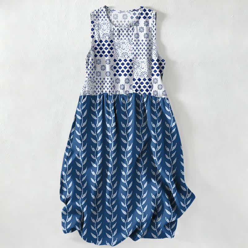 Nimara Ritual Summer Casual Geometric Vine Pattern Women's Summer Sleeveless Midi Dress With Pockets
