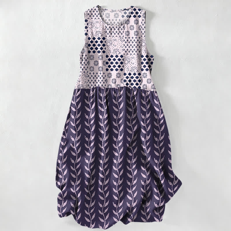 Nimara Ritual Summer Casual Geometric Vine Pattern Women's Summer Sleeveless Midi Dress With Pockets