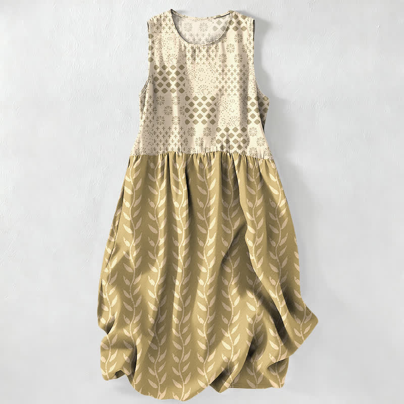 Nimara Ritual Summer Casual Geometric Vine Pattern Women's Summer Sleeveless Midi Dress With Pockets