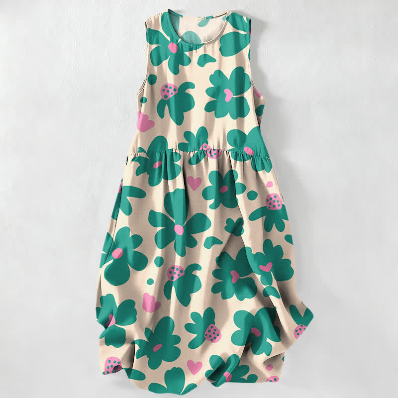 Nimara Ritual Summer Casual Green Floral Hearts Pattern Women's Summer Sleeveless Midi Dress With Pockets
