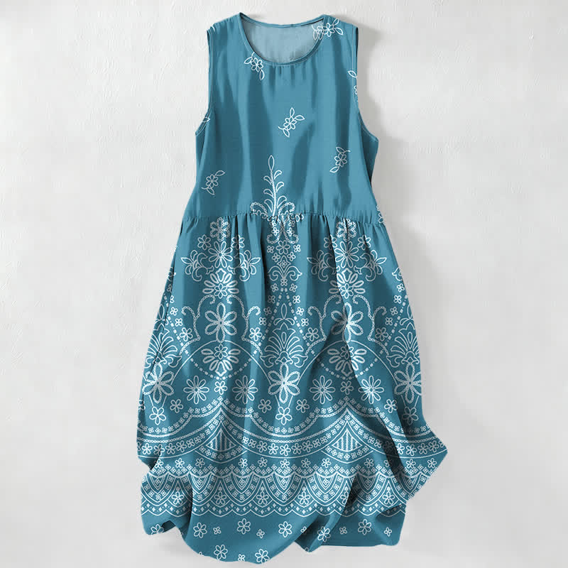 Nimara Ritual Summer Casual Bohemian Floral Border Pattern Women's Summer Sleeveless Midi Dress With Pockets
