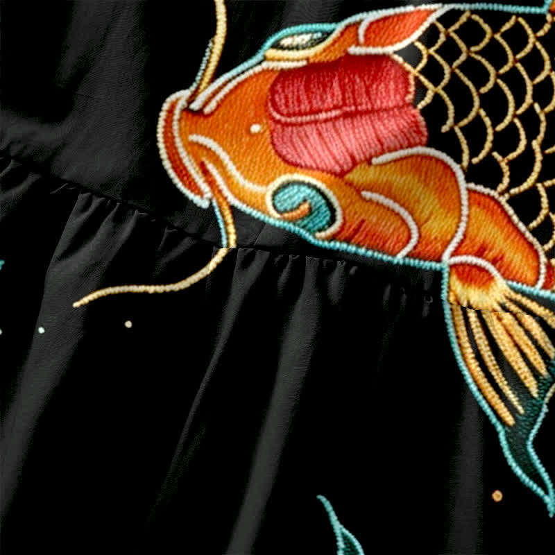 Nimara Ritual Summer Casual Koi Fish Floral Wave Pattern Women's Summer Sleeveless Midi Dress With Pockets