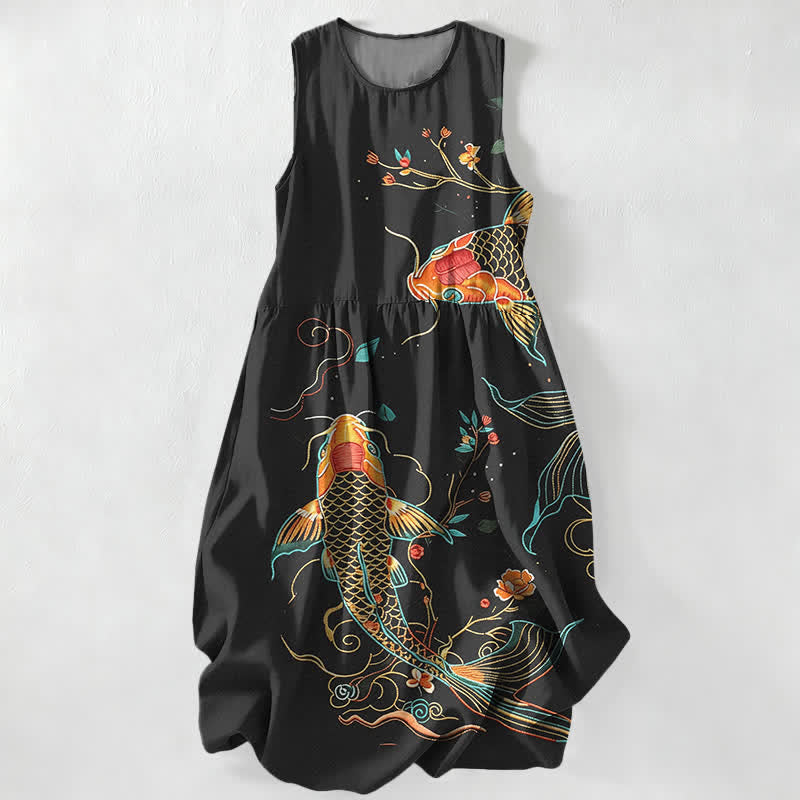 Nimara Ritual Summer Casual Koi Fish Floral Wave Pattern Women's Summer Sleeveless Midi Dress With Pockets