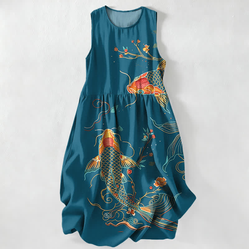 Nimara Ritual Summer Casual Koi Fish Floral Wave Pattern Women's Summer Sleeveless Midi Dress With Pockets