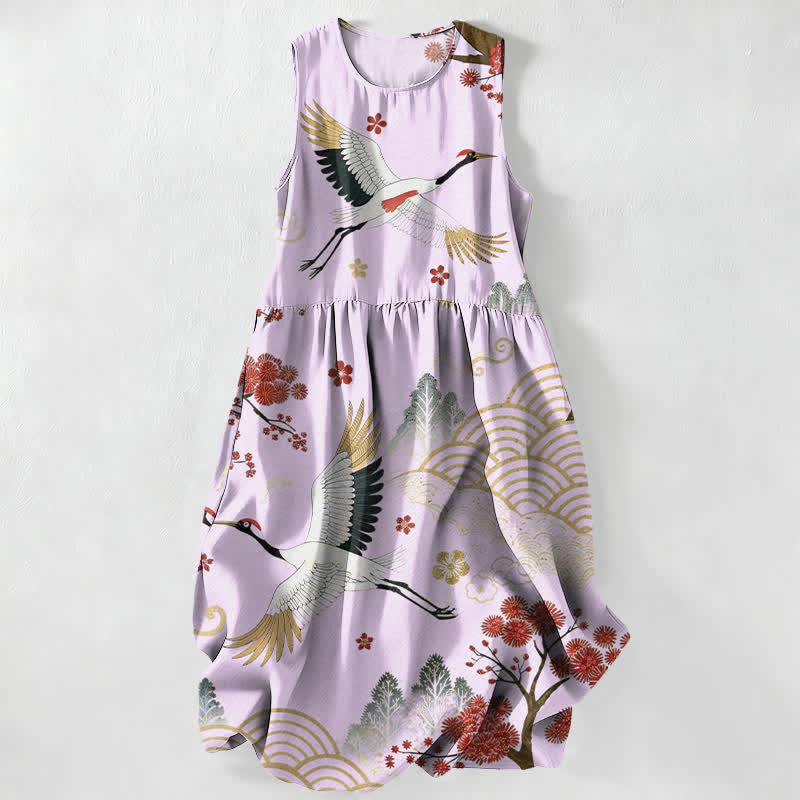 Nimara Ritual Summer Casual Crane Plum Blossom Pattern Women's Summer Sleeveless Midi Dress With Pockets