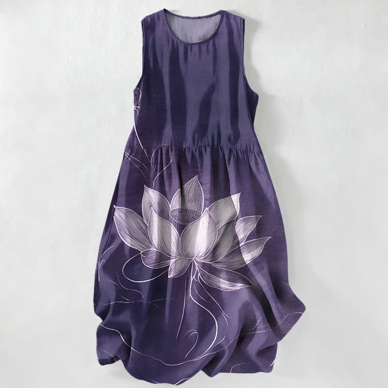 Nimara Ritual Summer Casual Lotus Bloom Pattern Women's Summer Sleeveless Midi Dress With Pockets
