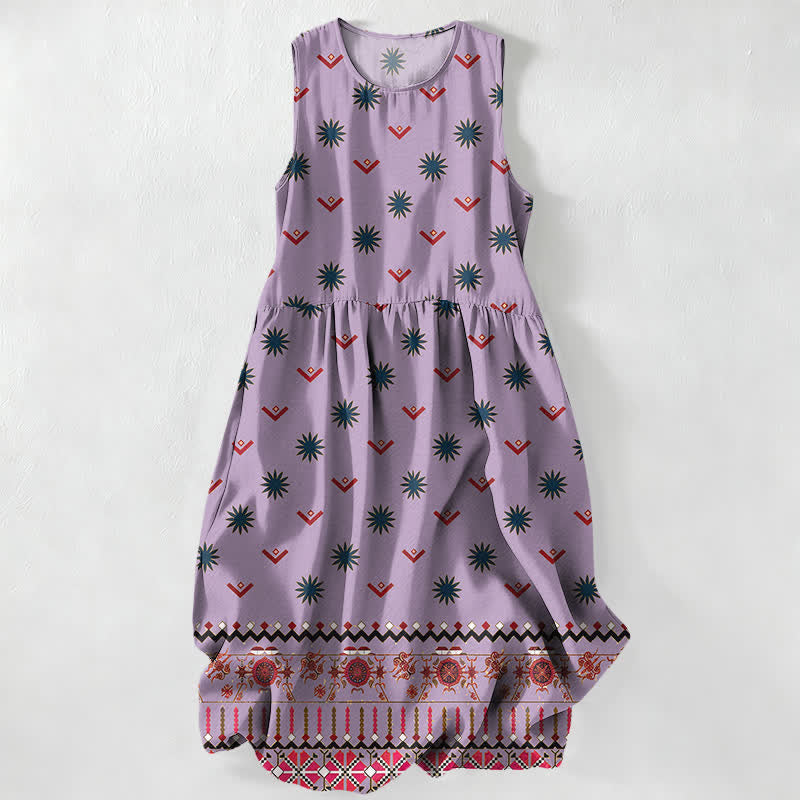 Nimara Ritual Summer Casual Boho Floral Geometric Pattern Women's Summer Sleeveless Midi Dress With Pockets