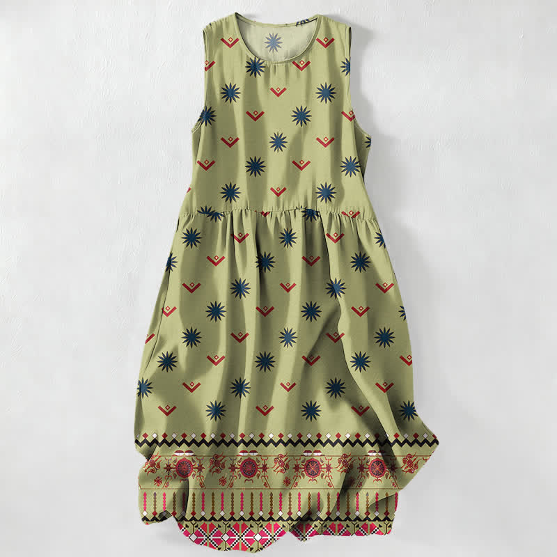 Nimara Ritual Summer Casual Boho Floral Geometric Pattern Women's Summer Sleeveless Midi Dress With Pockets