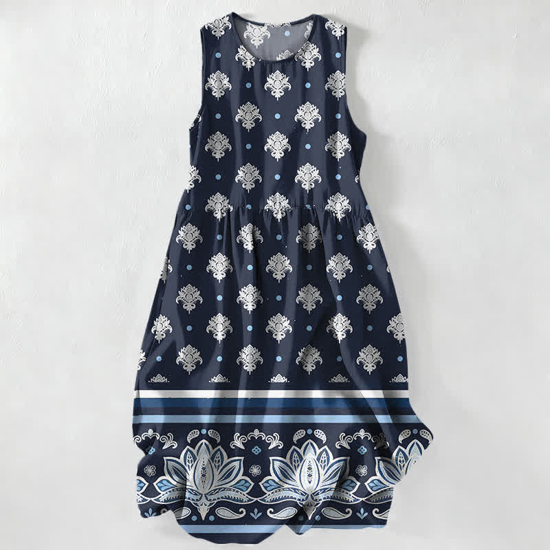 Nimara Ritual Summer Casual Lotus Border Floral Pattern Women's Summer Sleeveless Midi Dress With Pockets
