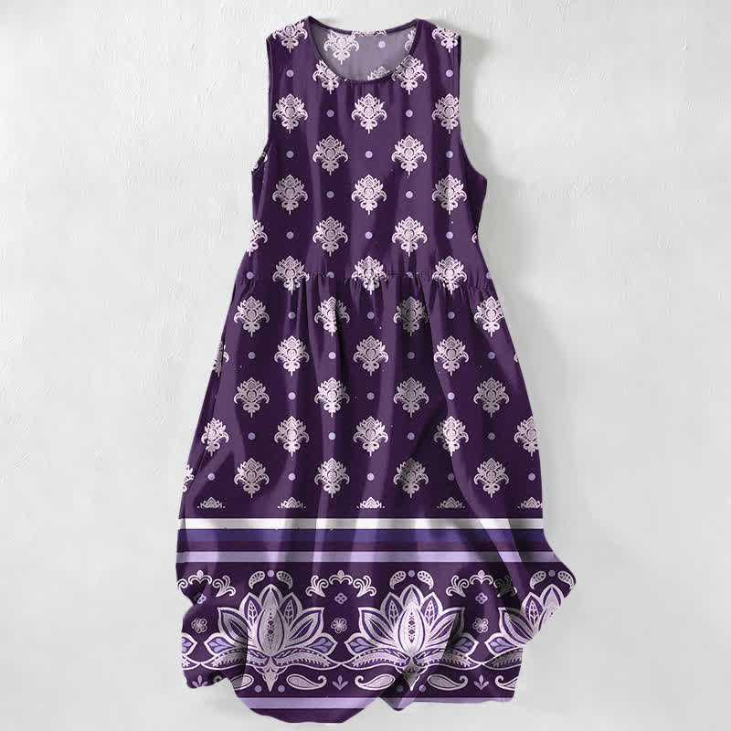 Nimara Ritual Summer Casual Lotus Border Floral Pattern Women's Summer Sleeveless Midi Dress With Pockets