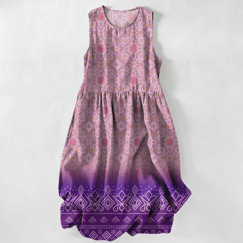Nimara Ritual Summer Casual Bohemian Geometric Floral Pattern Women's Summer Sleeveless Midi Dress With Pockets