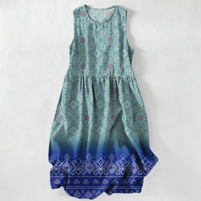 Nimara Ritual Summer Casual Bohemian Geometric Floral Pattern Women's Summer Sleeveless Midi Dress With Pockets