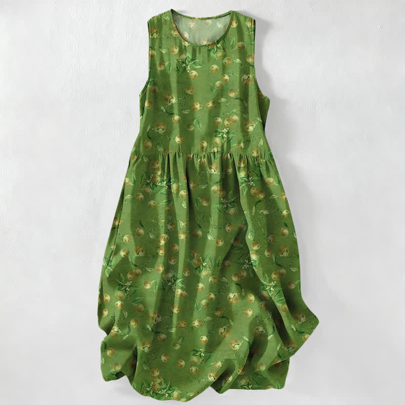 Nimara Ritual Summer Casual Vintage Floral Leaves Pattern Women's Summer Sleeveless Midi Dress With Pockets