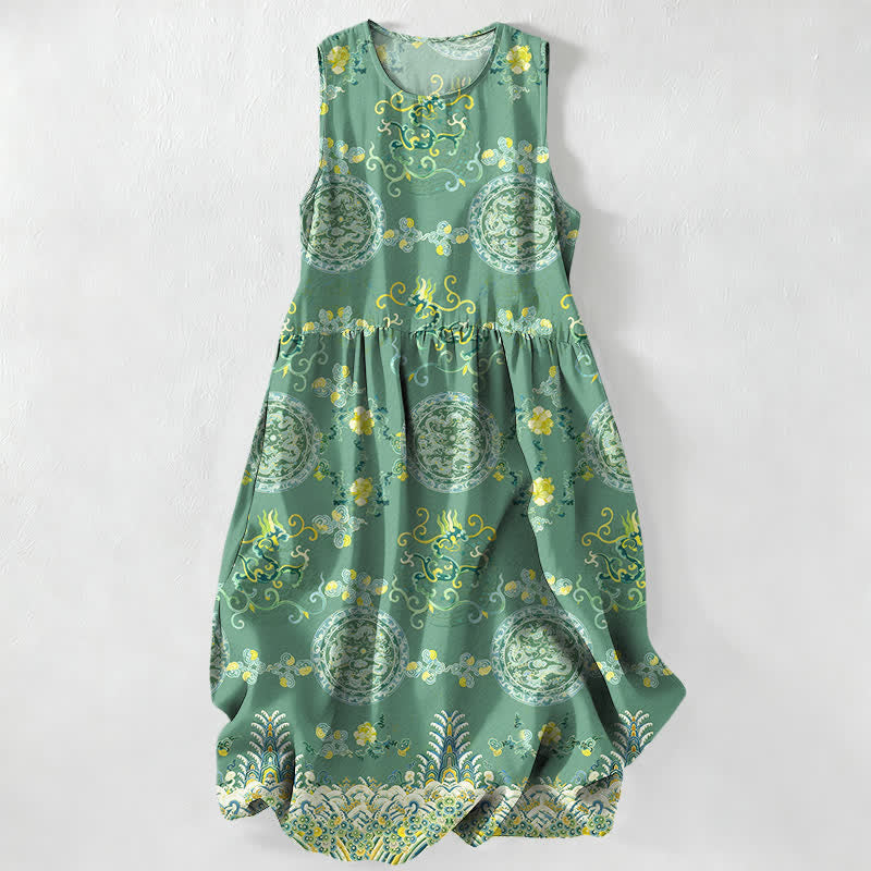 Nimara Ritual Summer Casual Vintage Floral Medallions Leaves Pattern Women's Summer Sleeveless Midi Dress With Pockets