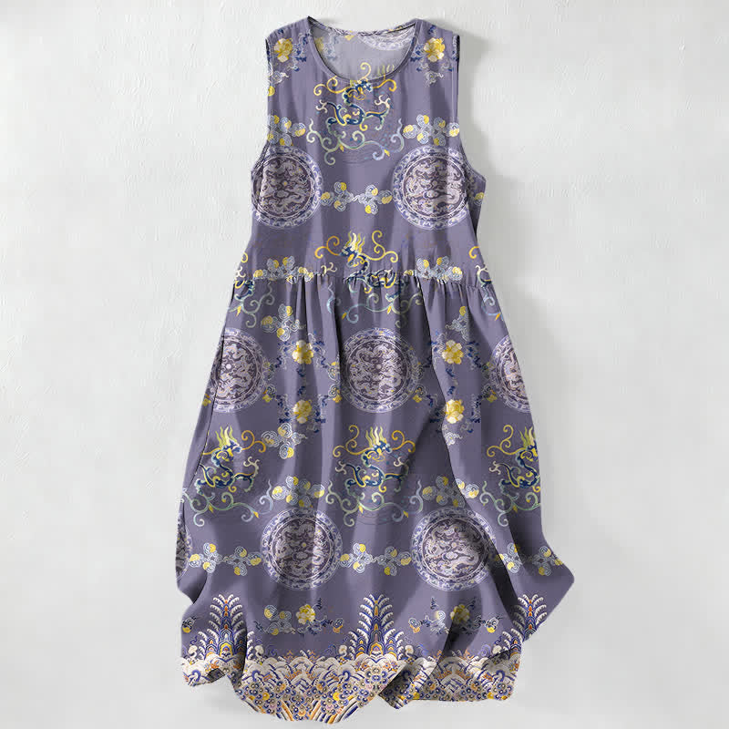 Nimara Ritual Summer Casual Vintage Floral Medallions Leaves Pattern Women's Summer Sleeveless Midi Dress With Pockets