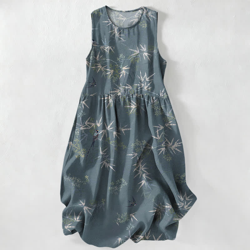 Nimara Ritual Summer Casual Bamboo Leaves Pattern Women's Summer Sleeveless Midi Dress With Pockets