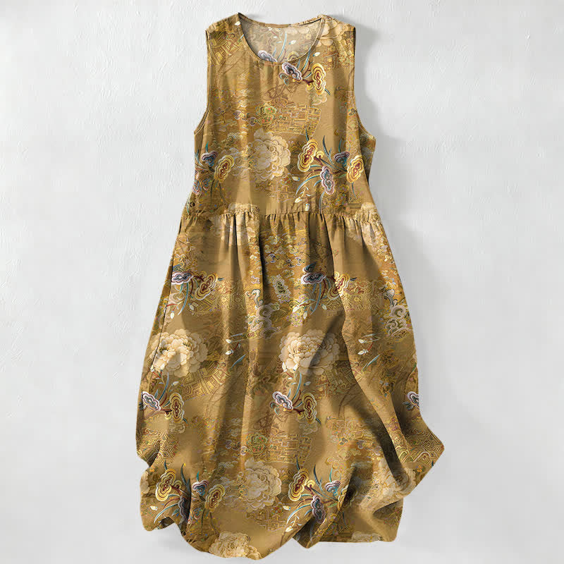 Nimara Ritual Summer Casual Vintage Paisley Floral Pattern Women's Summer Sleeveless Midi Dress With Pockets
