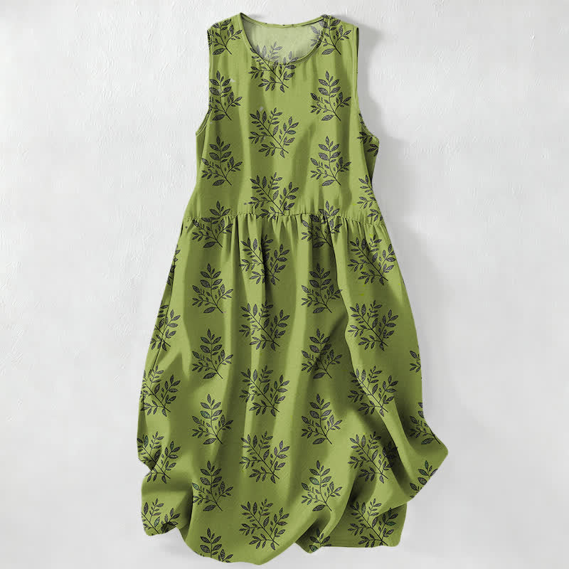Nimara Ritual Summer Casual Botanical Leaves Pattern Women's Summer Sleeveless Midi Dress With Pockets
