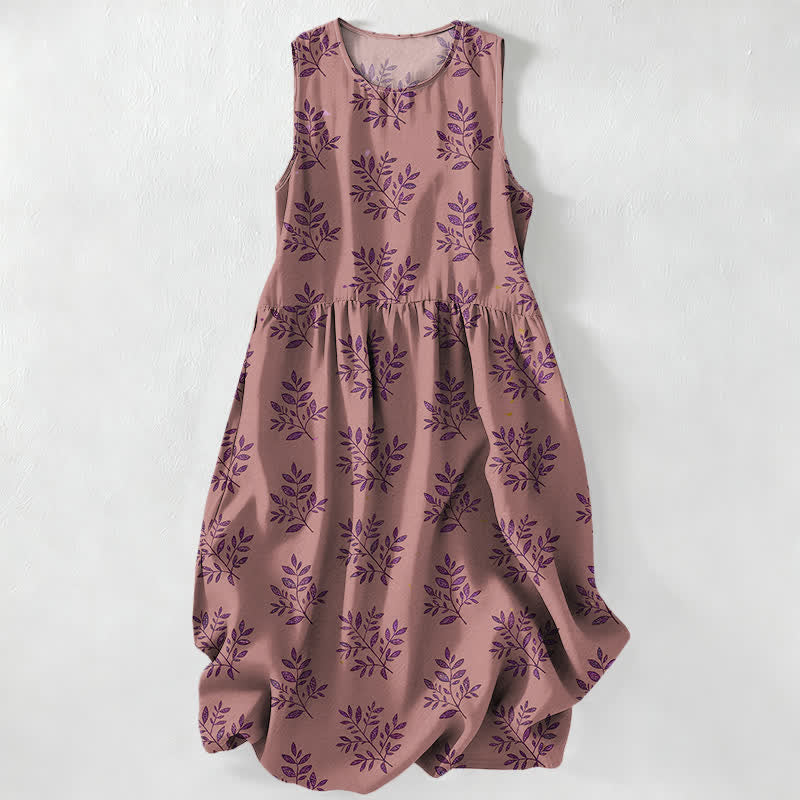 Nimara Ritual Summer Casual Botanical Leaves Pattern Women's Summer Sleeveless Midi Dress With Pockets