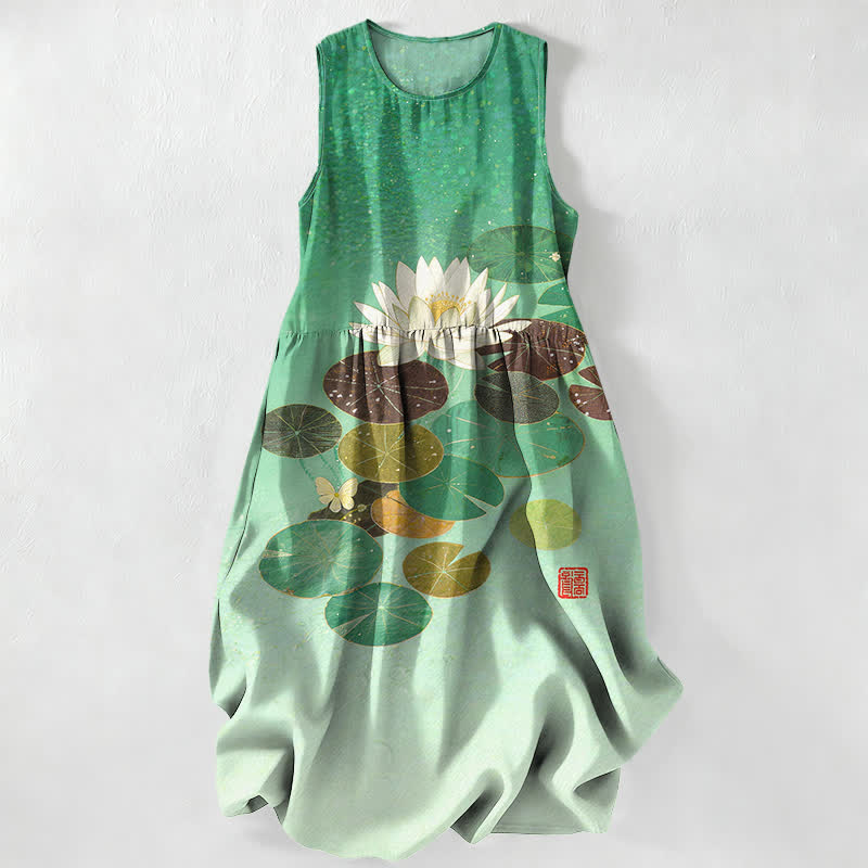 Nimara Ritual Summer Casual Lotus Pond Pattern Women's Summer Sleeveless Midi Dress With Pockets