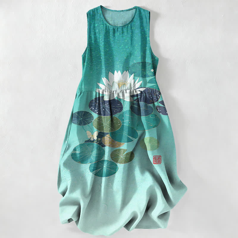Nimara Ritual Summer Casual Lotus Pond Pattern Women's Summer Sleeveless Midi Dress With Pockets