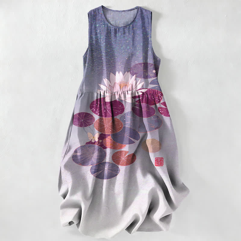 Nimara Ritual Summer Casual Lotus Pond Pattern Women's Summer Sleeveless Midi Dress With Pockets