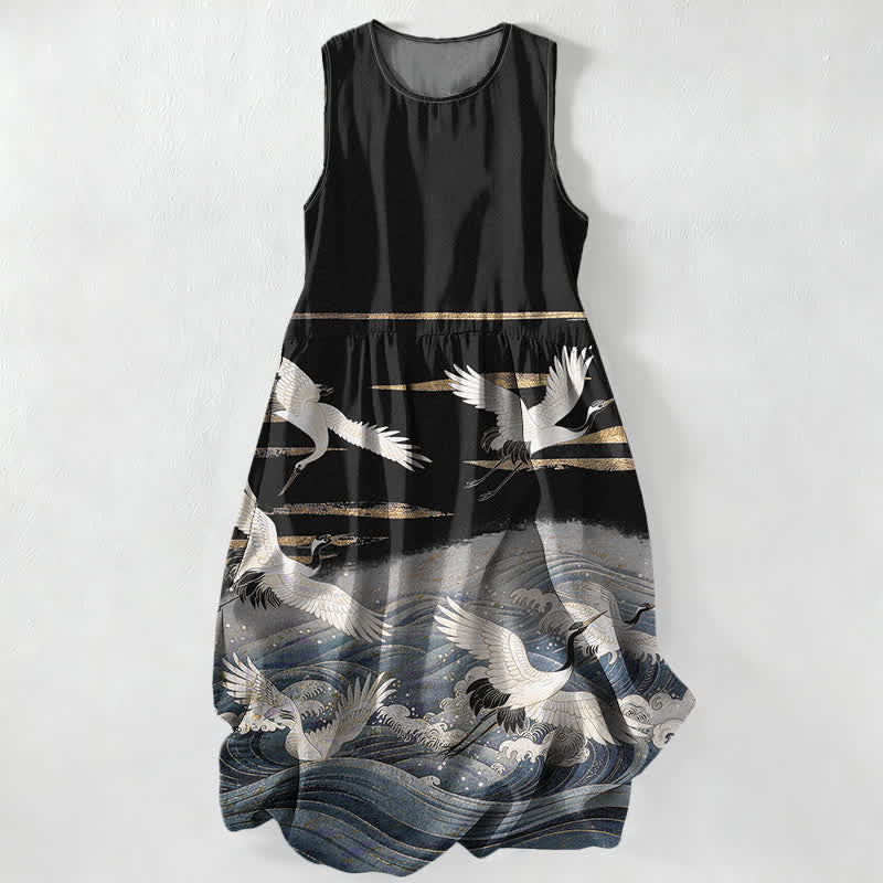Nimara Ritual Summer Casual Crane Waves Pattern Women's Summer Sleeveless Midi Dress With Pockets