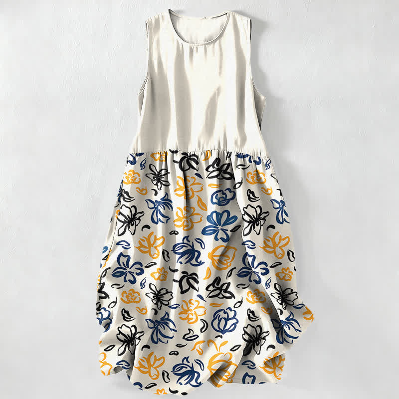 Nimara Ritual Summer Casual Abstract Floral Pattern Women's Summer Sleeveless Midi Dress With Pockets