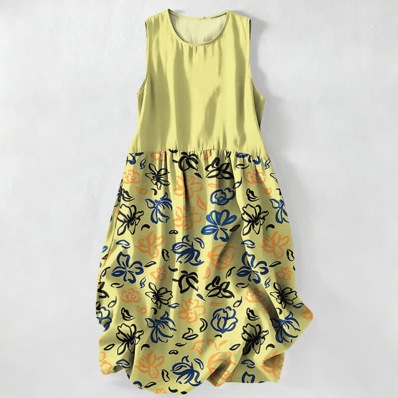 Nimara Ritual Summer Casual Abstract Floral Pattern Women's Summer Sleeveless Midi Dress With Pockets