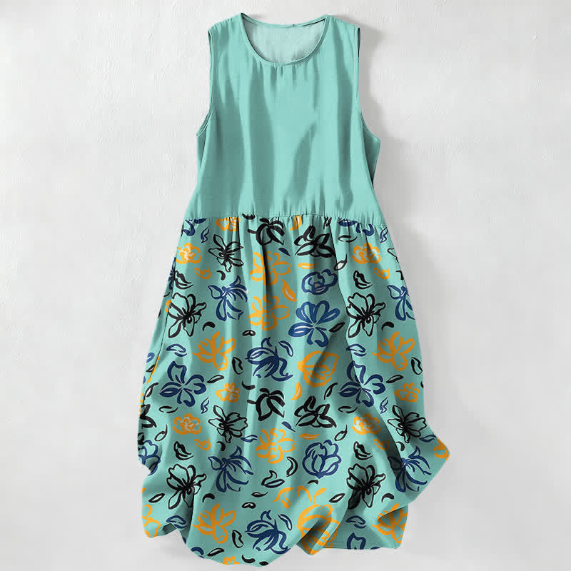 Nimara Ritual Summer Casual Abstract Floral Pattern Women's Summer Sleeveless Midi Dress With Pockets
