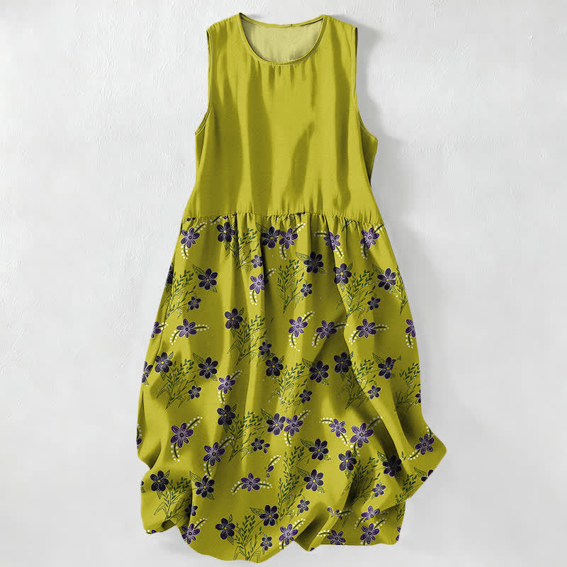 Nimara Ritual Summer Casual Purple Floral Leaves Pattern Women's Summer Sleeveless Midi Dress With Pockets