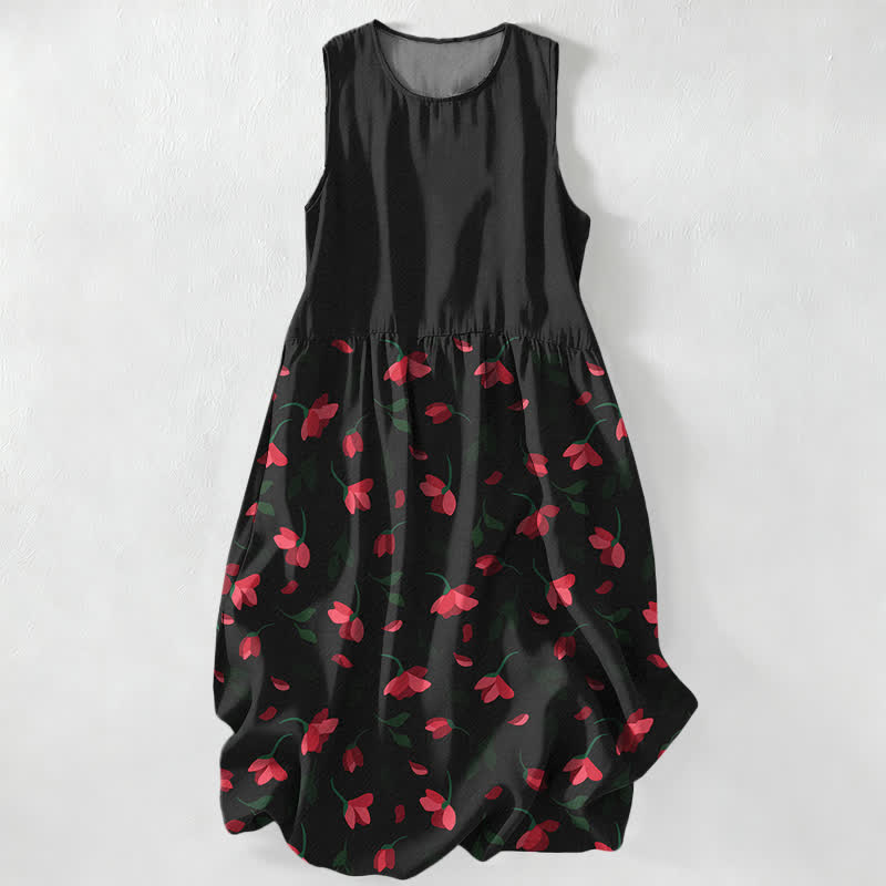 Nimara Ritual Summer Casual Red Floral Vine Pattern Women's Summer Sleeveless Midi Dress With Pockets